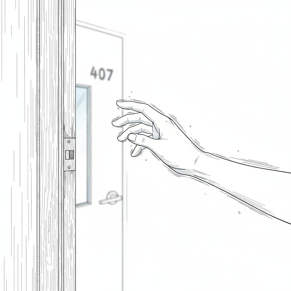 Close-up of Akane's bare hand hovering six centimeters from apartment doorframe 407