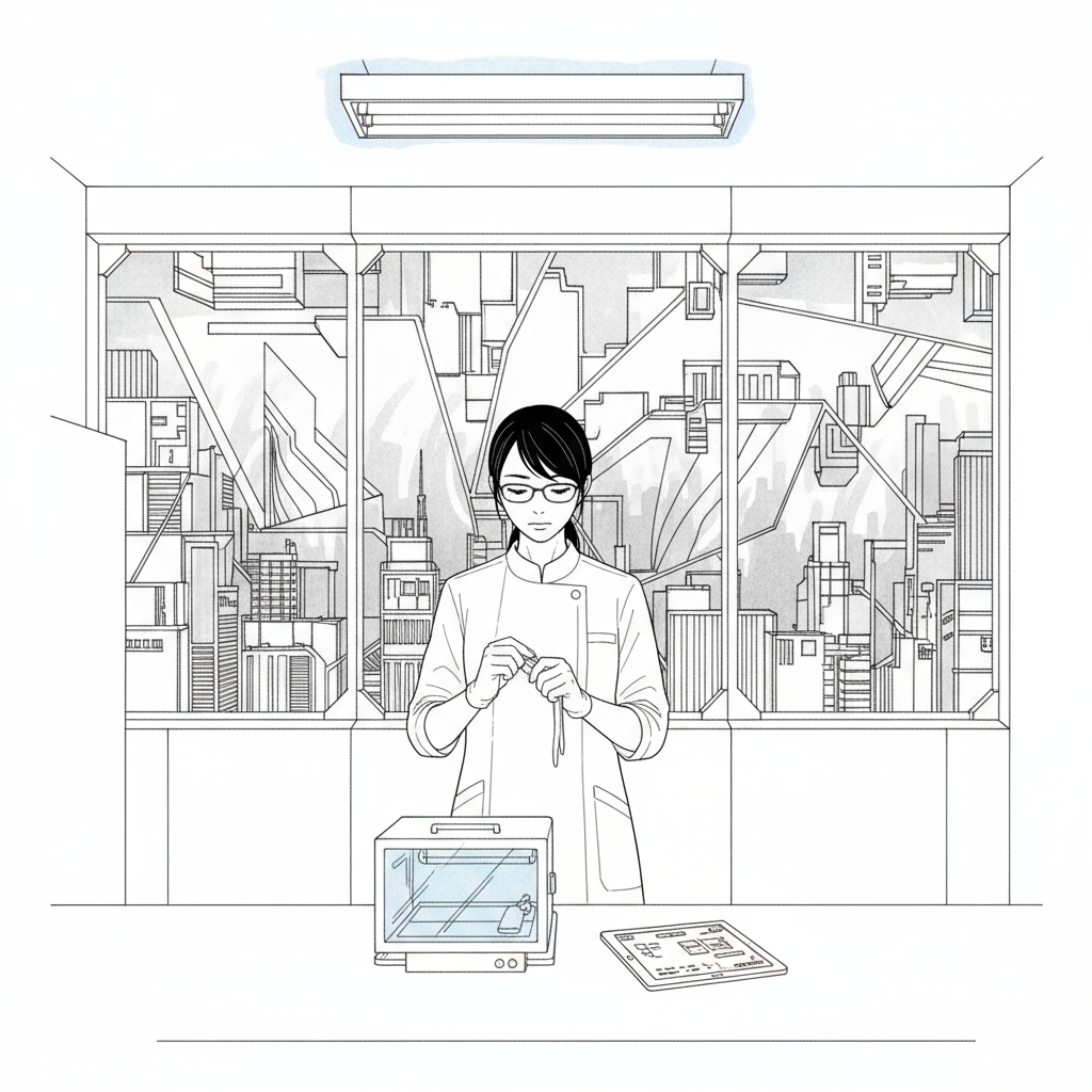 Akane in sealed apartment performing glove removal ritual at her clinical desk