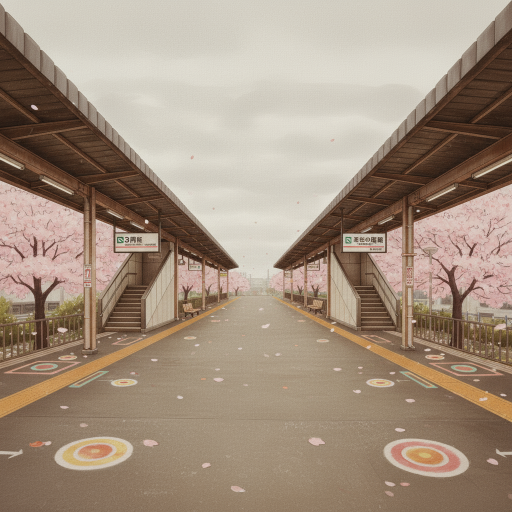 Memory fragment: train platform with cherry blossoms, waiting perspective