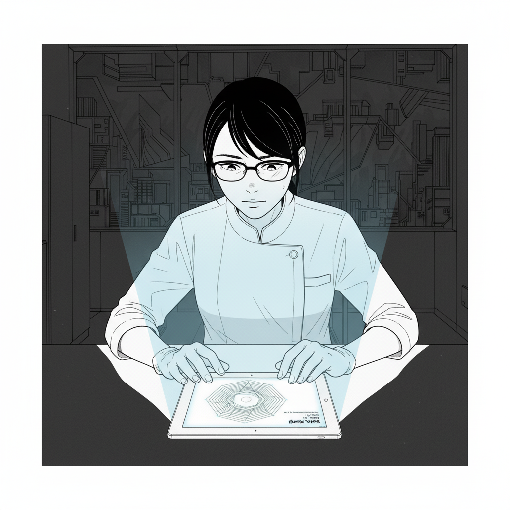 Akane studying Archive tablet showing Kenji Sato's case file in dim apartment