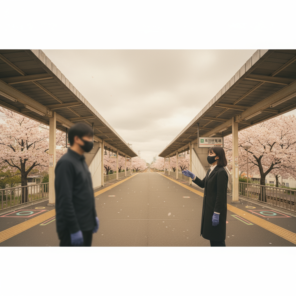 Memory fragment: two figures on train platform, two meters apart, connected yet separated