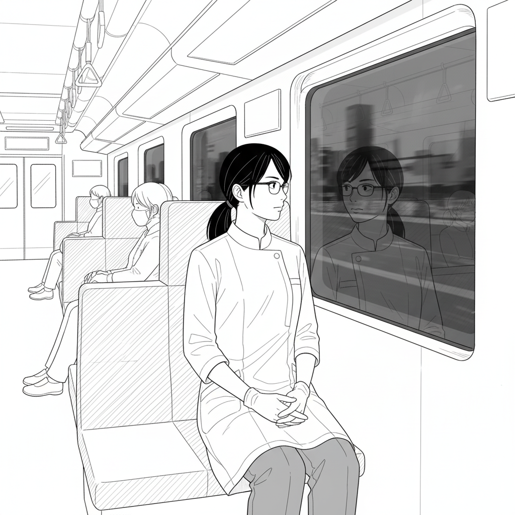 Akane on Tokyo train, surrounded by distanced passengers, utterly alone