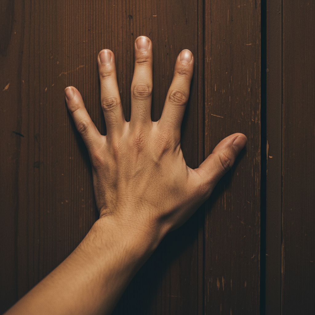 Memory fragment: bare hand pressing desperately against wooden doorframe, Kenji's final touch