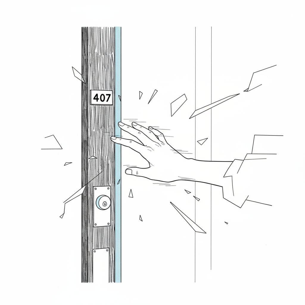 Akane's hand hovering at doorframe, same moment revisited with transformed understanding