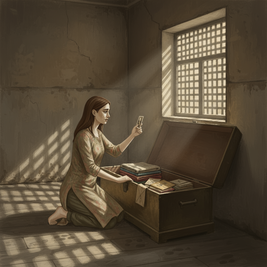 Meera kneeling beside an open brass trunk in a dim room, holding up an old photograph to catch gray window light