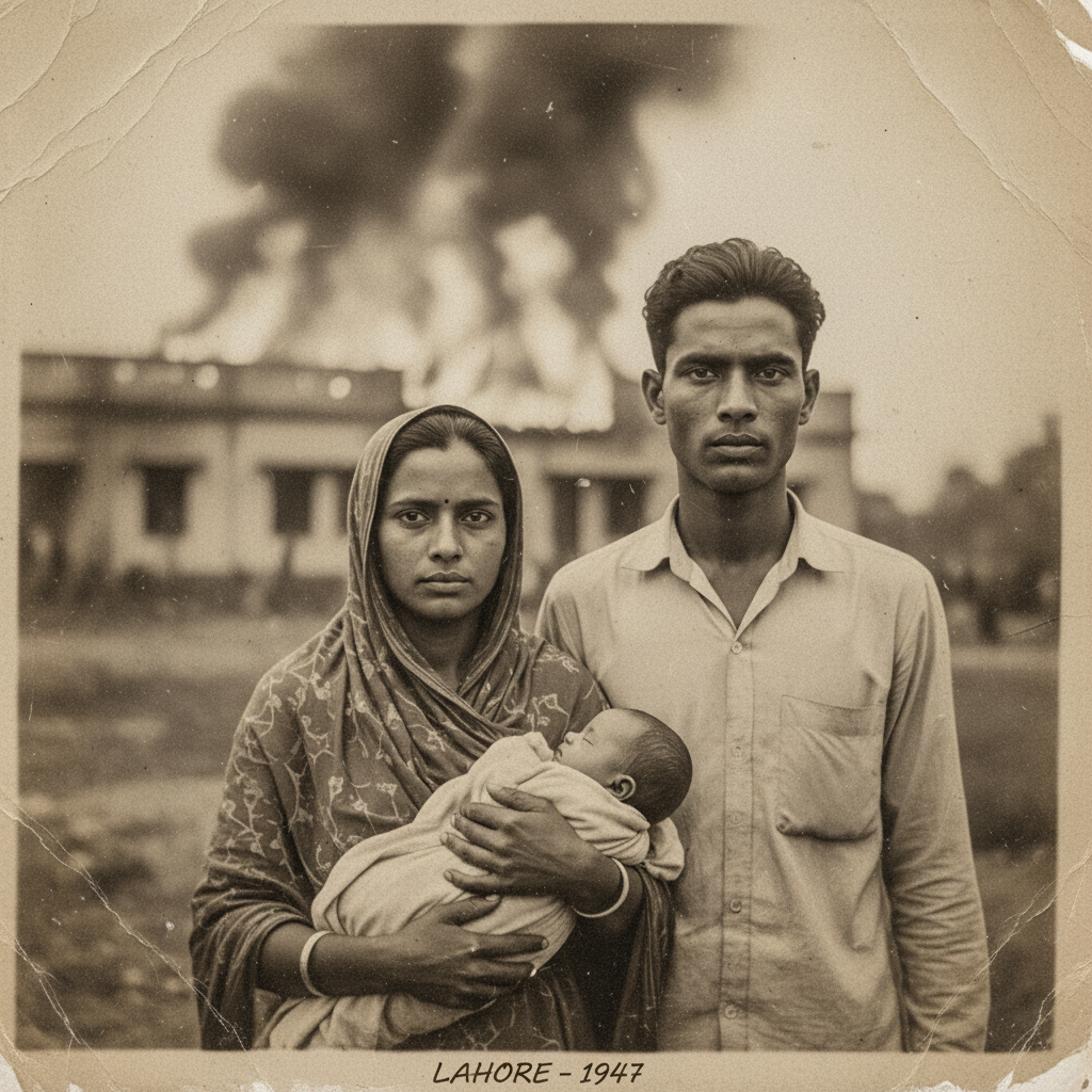 Aged sepia photograph from 1947 showing young couple with infant before burning mission compound