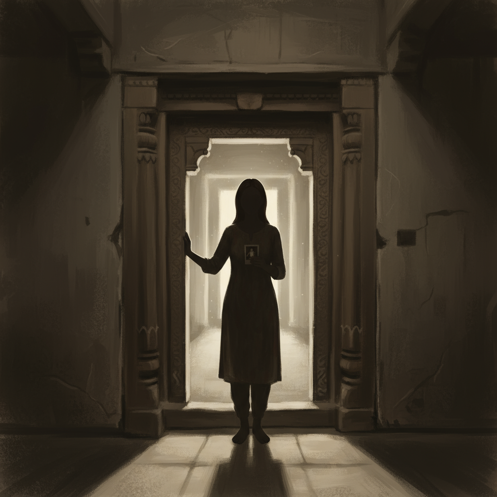 Meera silhouetted in doorway holding photograph, backlit, facing toward her father in the next room