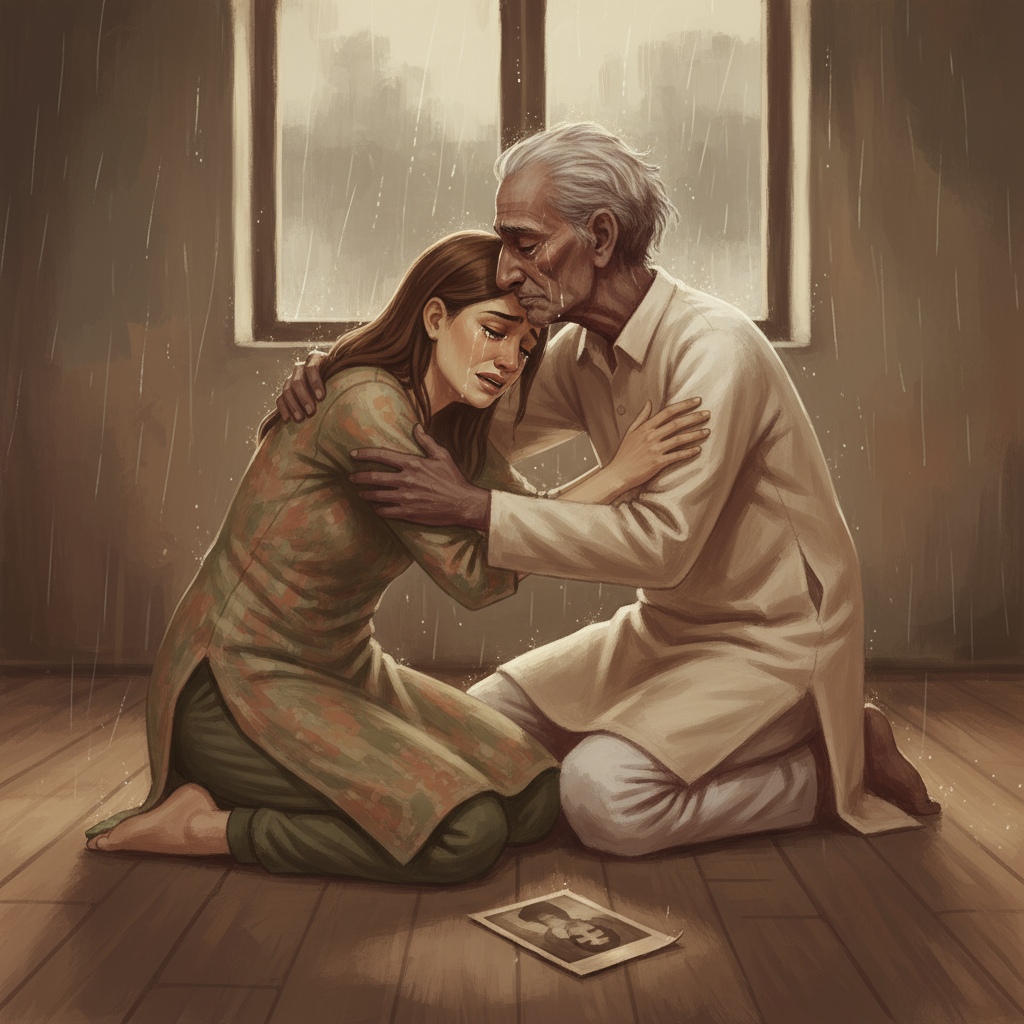 Meera embracing her elderly father on the floor, photograph lying between them, rain visible through window