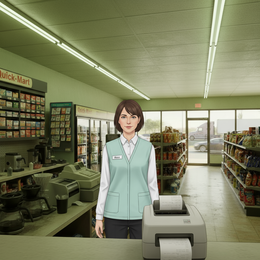Alex standing behind the Quick-Mart counter with a jammed receipt printer