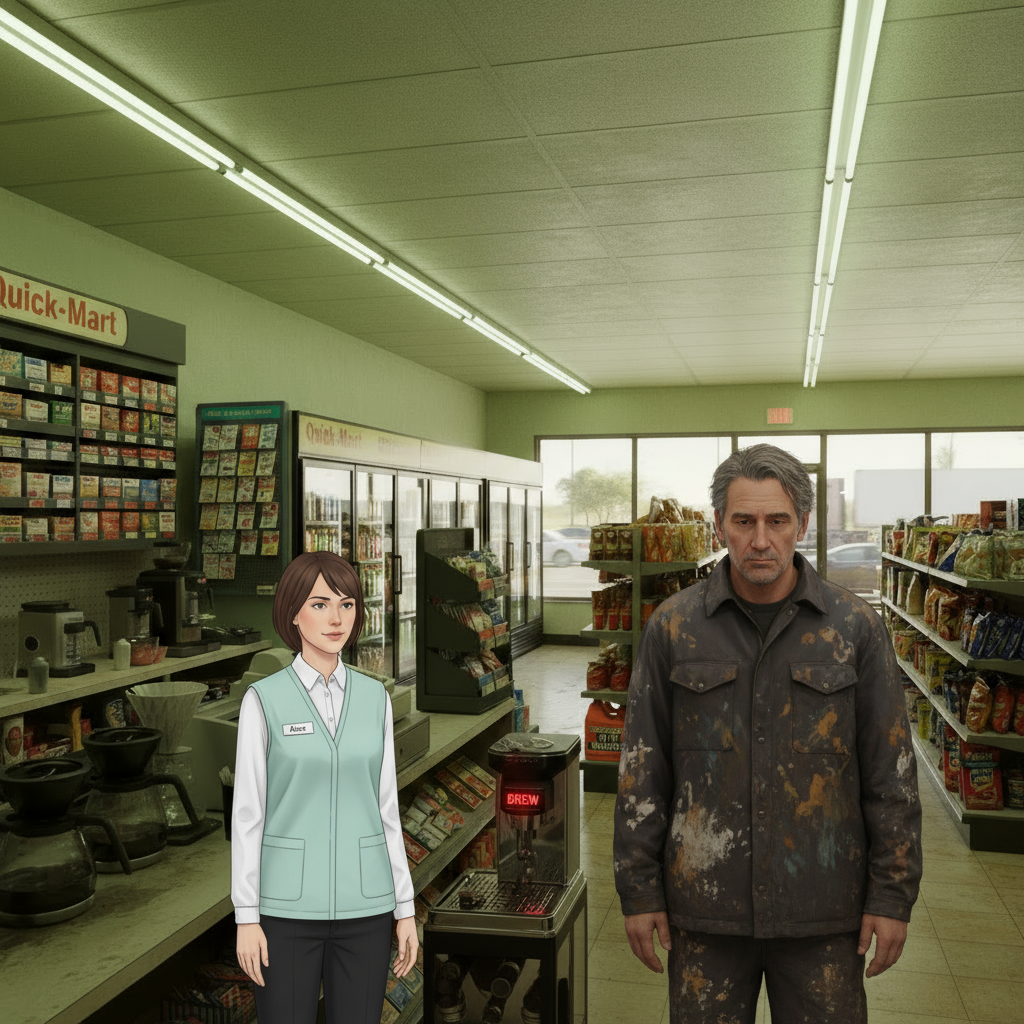 Alex and a customer waiting on opposite sides of the broken coffee machine