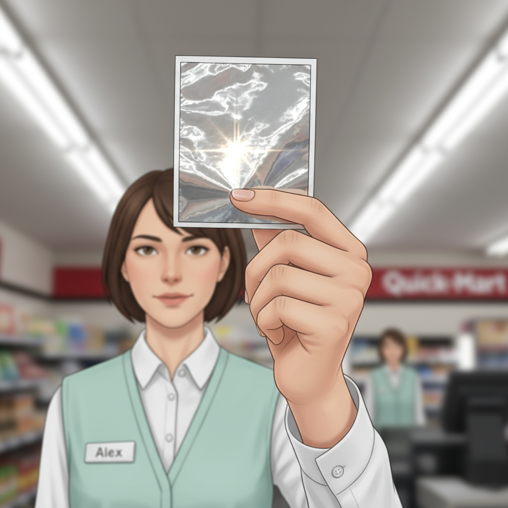 Alex's hand holding an unscratched lottery ticket up to the fluorescent light