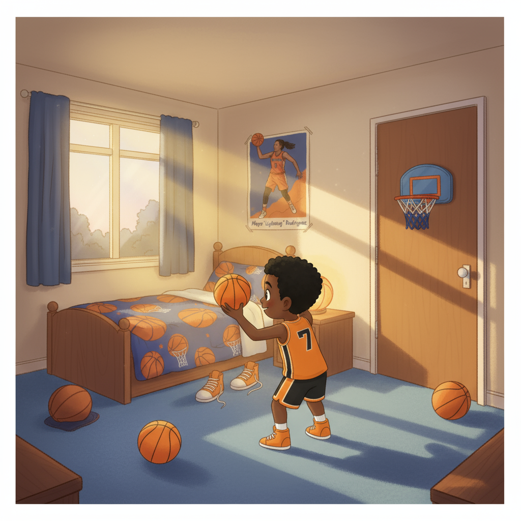 Young Chase Thompson dribbling a basketball in his bright, sunny bedroom with basketball posters covering the walls and Maya Rodriguez's poster prominently displayed
