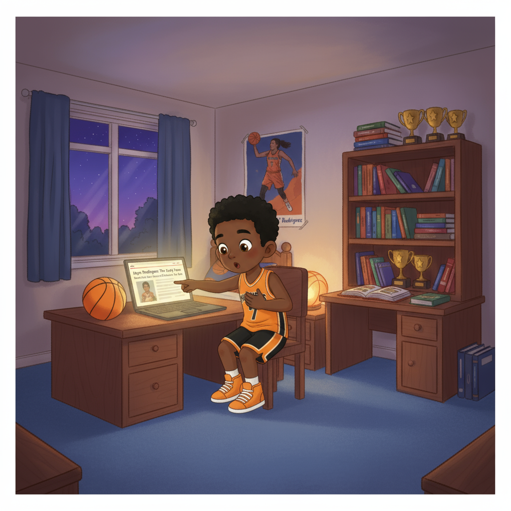 Chase sitting at his computer in his bright bedroom, discovering an old interview video of young Maya Rodriguez on the screen