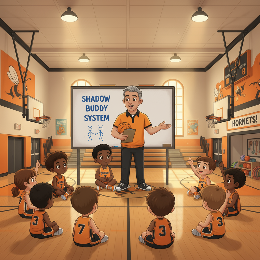 Coach Williams talking to young Chase in the bright community center gym, explaining Maya's buddy system with a kind and understanding expression