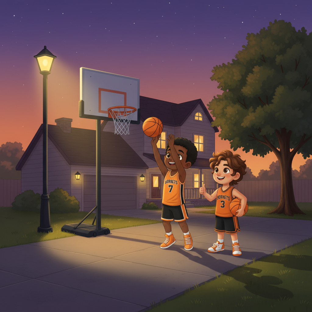 Chase and Diego practicing basketball together in Chase's backyard at dusk, staying close together as they dribble and pass the ball