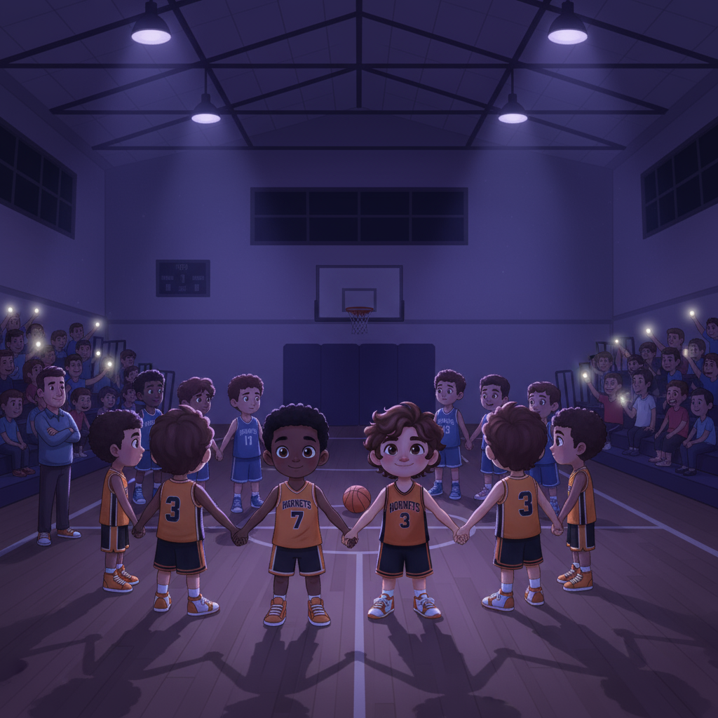 The championship game in progress with the gym lights flickering and dimming, creating dramatic shadows while the team uses their buddy system