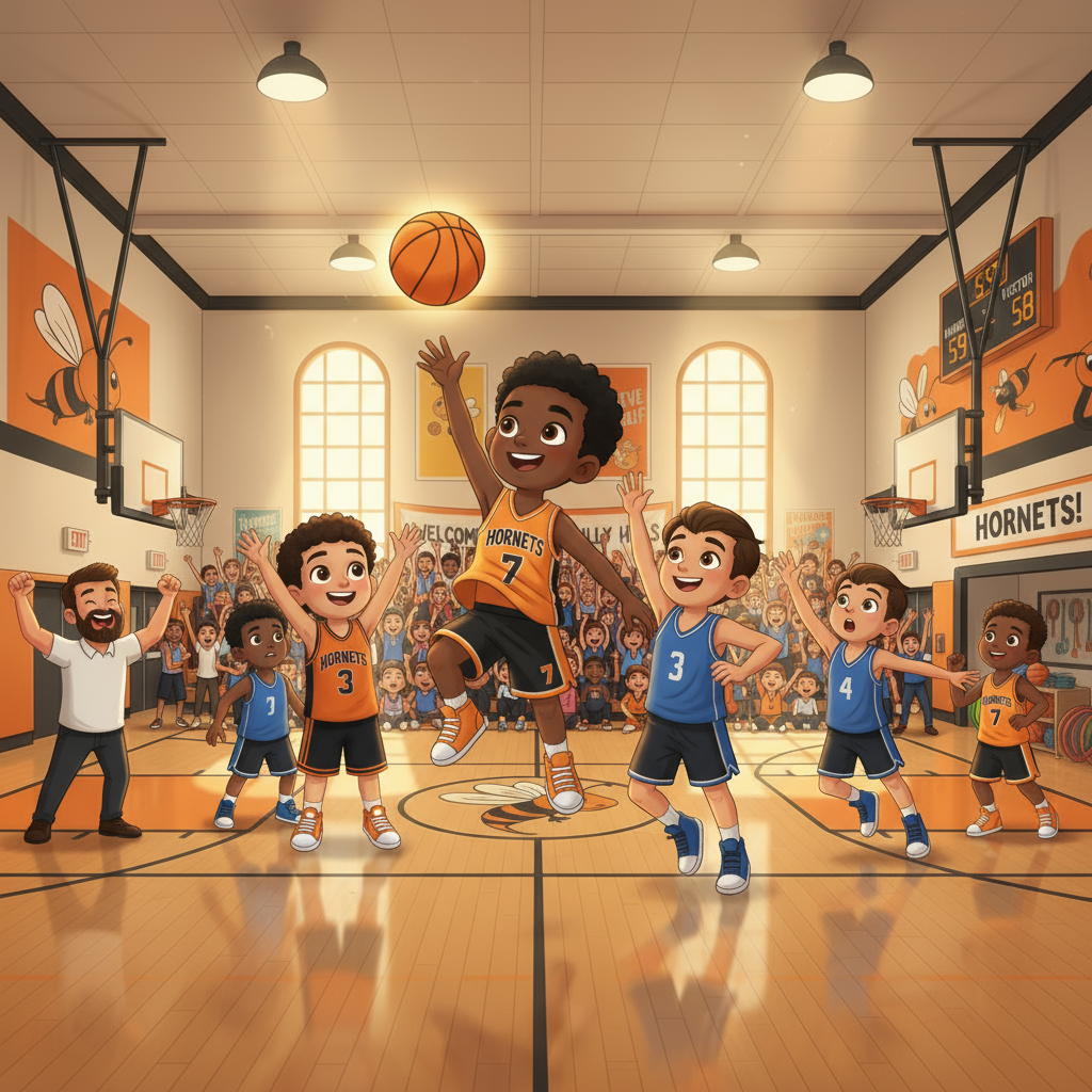 Chase making the winning shot with Diego beside him, the ball arcing toward the basket as the crowd cheers and his teammates support him