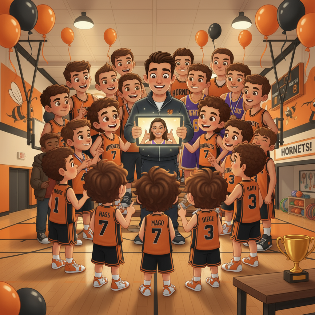 The entire team gathered around Coach Williams' laptop watching Maya Rodriguez's video message, with families and players looking amazed and inspired