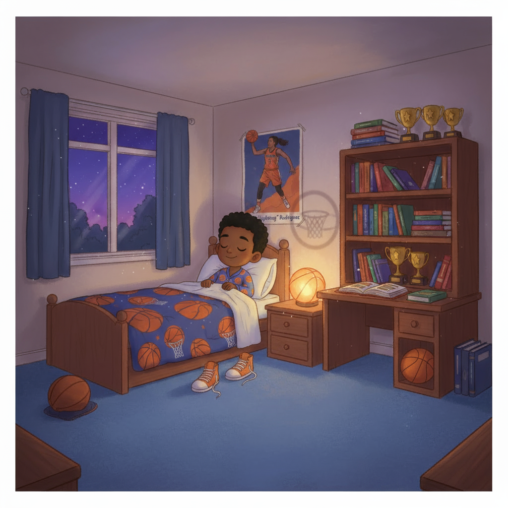 Chase in his bedroom at bedtime, peacefully turning on his light to read, with his trophy and team photo visible, no longer afraid of the darkness